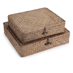 Flat Woven Wicker Storage Basket Set of 2 with Lid – Handwoven Seagrass Baskets with Toggle Closure for Home Organization, Shelf & Closet Storage | Natural Boho Farmhouse Decor