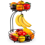 2-Tier Countertop Fruit Basket Bowl with Banana Hanger – Metal Wire Fruit Stand for Kitchen Counter & Dining Table | Black Fruit Bowl with Banana Hook | Modern Farmhouse Kitchen Organizer & Housewarming Gift