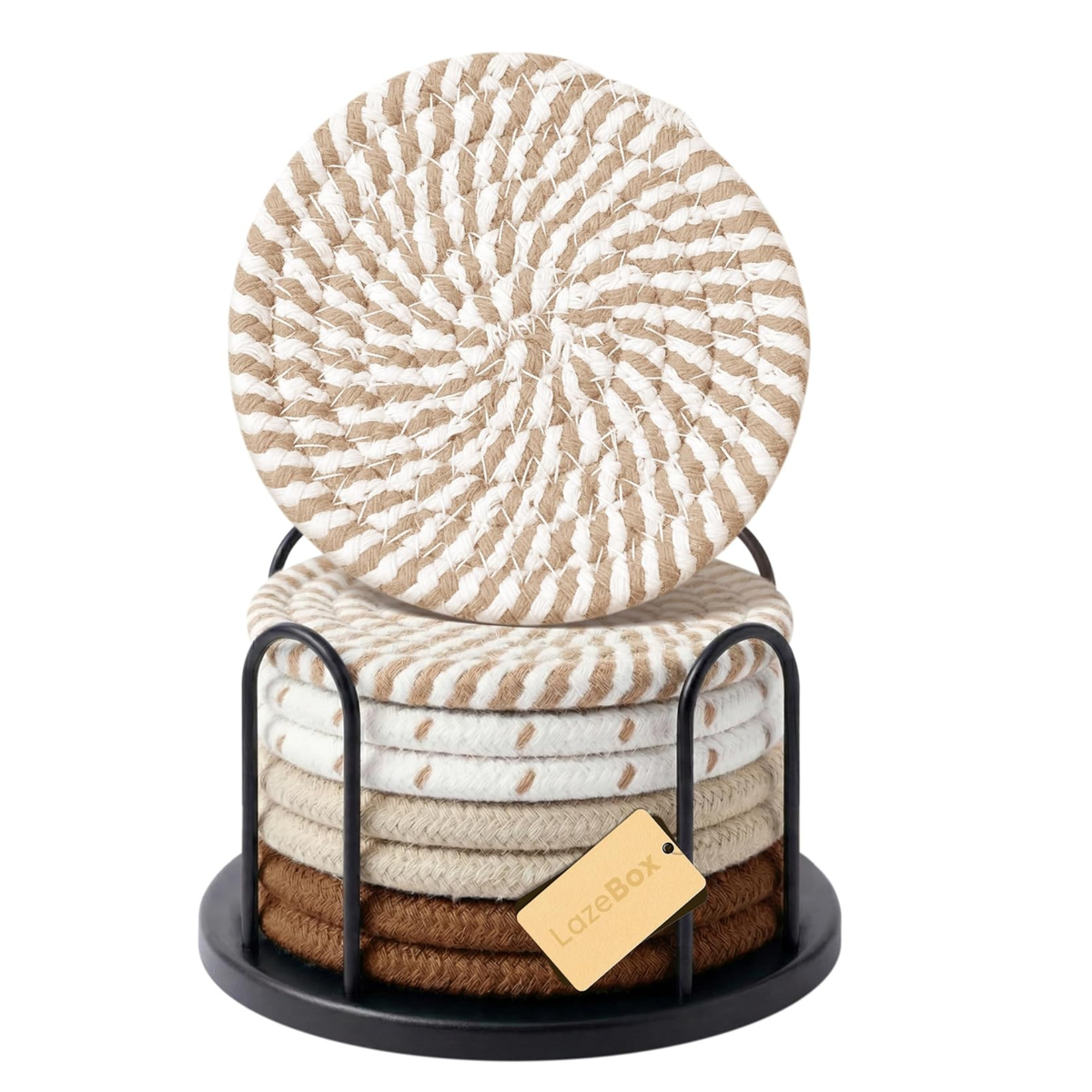 Boho Woven Coasters Set of 6 with Holder – Handmade Cotton Rope Drink Coasters for Home, Kitchen & Table Decor | Natural & Brown Tones | Absorbent & Heat Resistant | Housewarming Gift