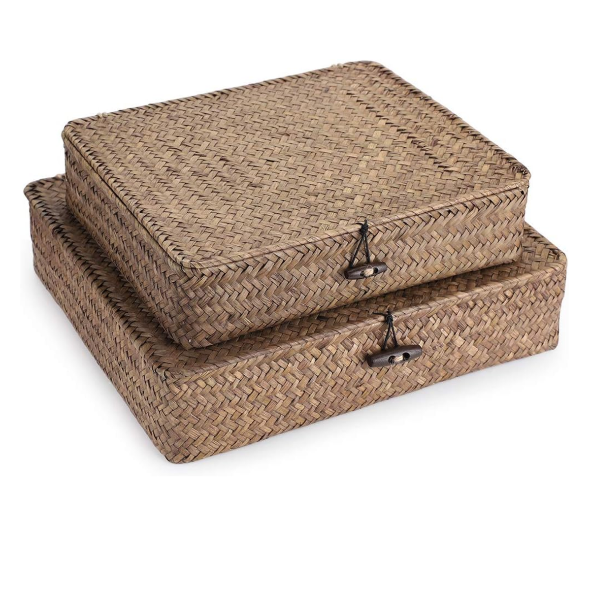 Flat Woven Wicker Storage Basket Set of 2 with Lid – Handwoven Seagrass Baskets with Toggle Closure for Home Organization, Shelf & Closet Storage | Natural Boho Farmhouse Decor