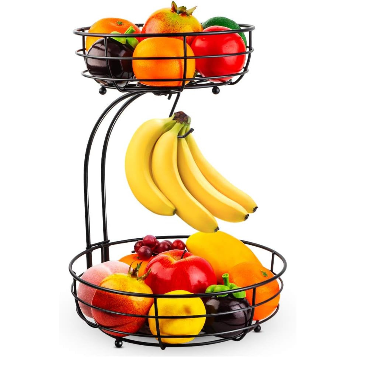 2-Tier Countertop Fruit Basket Bowl with Banana Hanger – Metal Wire Fruit Stand for Kitchen Counter & Dining Table | Black Fruit Bowl with Banana Hook | Modern Farmhouse Kitchen Organizer & Housewarming Gift