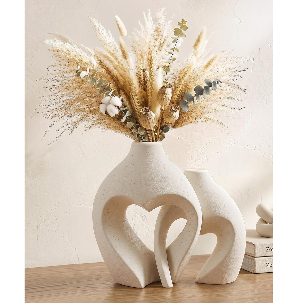 White Heart Shaped Ceramic Vase Set of 2 – Matte Boho Vases for Pampas Grass, Dried Flowers & Home Decor | Interlocking Heart Cutout Design | Wedding, Valentine & Housewarming Gift