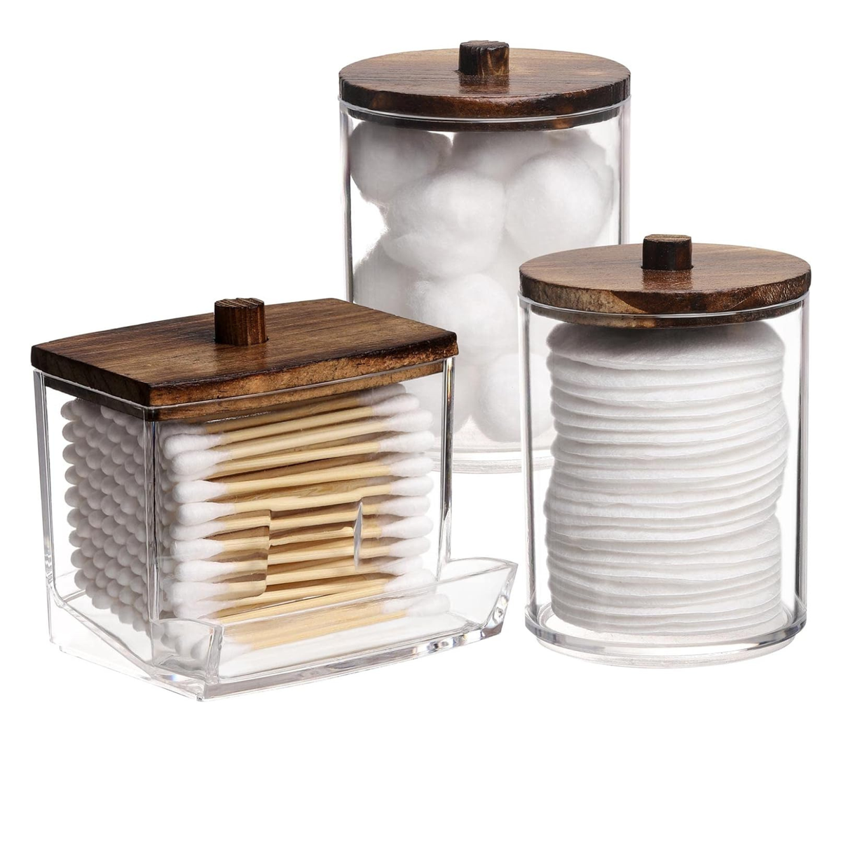 Acrylic Qtip Holder Bathroom Organizer Set of 3 – Clear Apothecary Jars with Rustic Wood Lids for Cotton Balls, Cotton Pads & Q-Tips | Farmhouse Bathroom Countertop Storage Canister Set