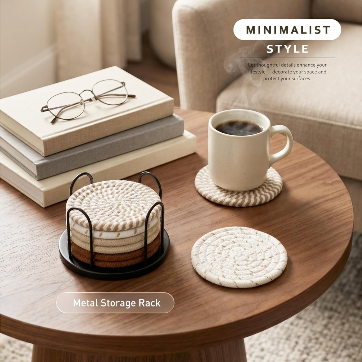 Boho Woven Coasters Set of 6 with Holder – Handmade Cotton Rope Drink Coasters for Home, Kitchen & Table Decor | Natural & Brown Tones | Absorbent & Heat Resistant | Housewarming Gift