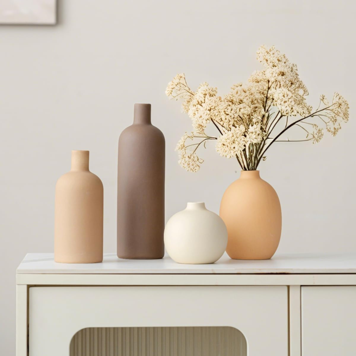 Minimalist Ceramic Vase Set of 4 – Matte Neutral Tones Boho Home Decor Vases for Living Room, Shelf & Table Centerpiece | Beige, Brown, Cream & Tan | Modern Farmhouse & Scandinavian Style