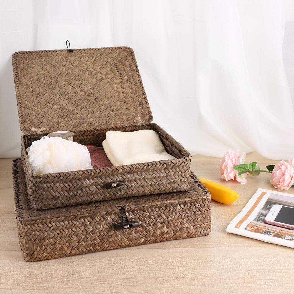 Flat Woven Wicker Storage Basket Set of 2 with Lid – Handwoven Seagrass Baskets with Toggle Closure for Home Organization, Shelf & Closet Storage | Natural Boho Farmhouse Decor