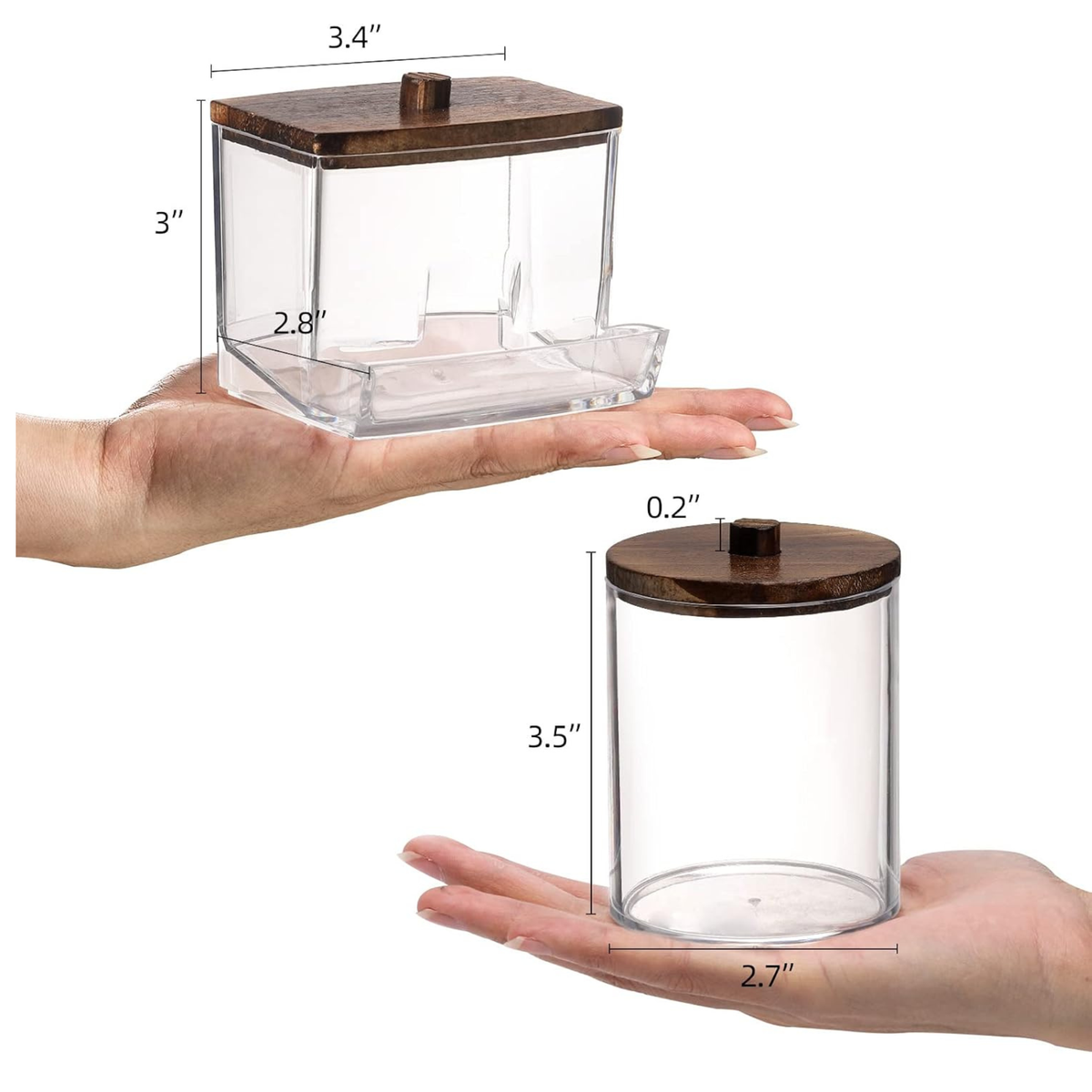 Acrylic Qtip Holder Bathroom Organizer Set of 3 – Clear Apothecary Jars with Rustic Wood Lids for Cotton Balls, Cotton Pads & Q-Tips | Farmhouse Bathroom Countertop Storage Canister Set