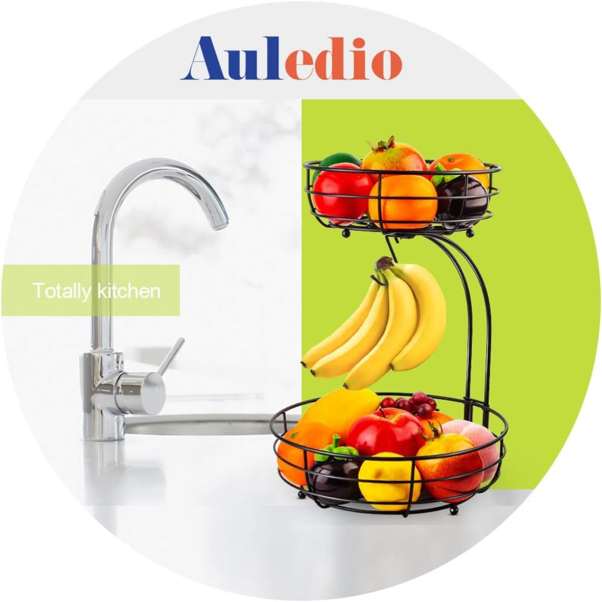 2-Tier Countertop Fruit Basket Bowl with Banana Hanger – Metal Wire Fruit Stand for Kitchen Counter & Dining Table | Black Fruit Bowl with Banana Hook | Modern Farmhouse Kitchen Organizer & Housewarming Gift