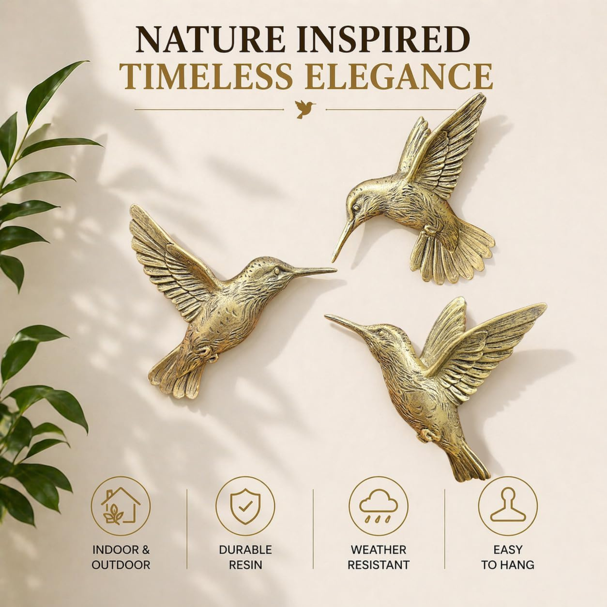 3D Gold Hummingbird Wall Decor Set of 3 – Metal Flying Bird Wall Art Sculptures for Living Room, Bedroom & Entryway | Antique Gold Finish | Boho Farmhouse & Modern Home Decor Gift