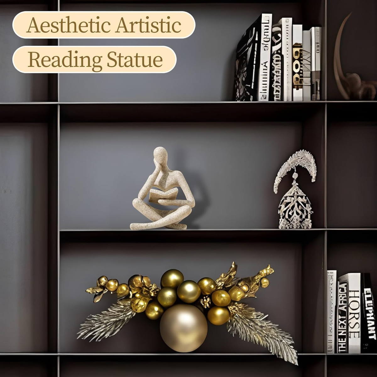 Abstract Thinker Reading Statue – Minimalist Resin Sculpture for Home Office Shelf & Desk Decor | Sandy Beige Figurine | Modern Boho Art Piece | Housewarming & Book Lover Gift