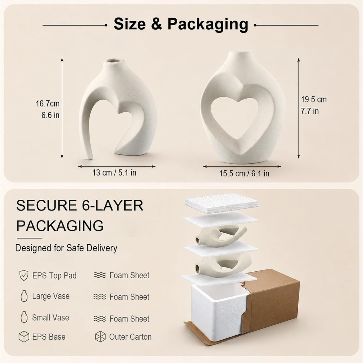 White Heart Shaped Ceramic Vase Set of 2 – Matte Boho Vases for Pampas Grass, Dried Flowers & Home Decor | Interlocking Heart Cutout Design | Wedding, Valentine & Housewarming Gift