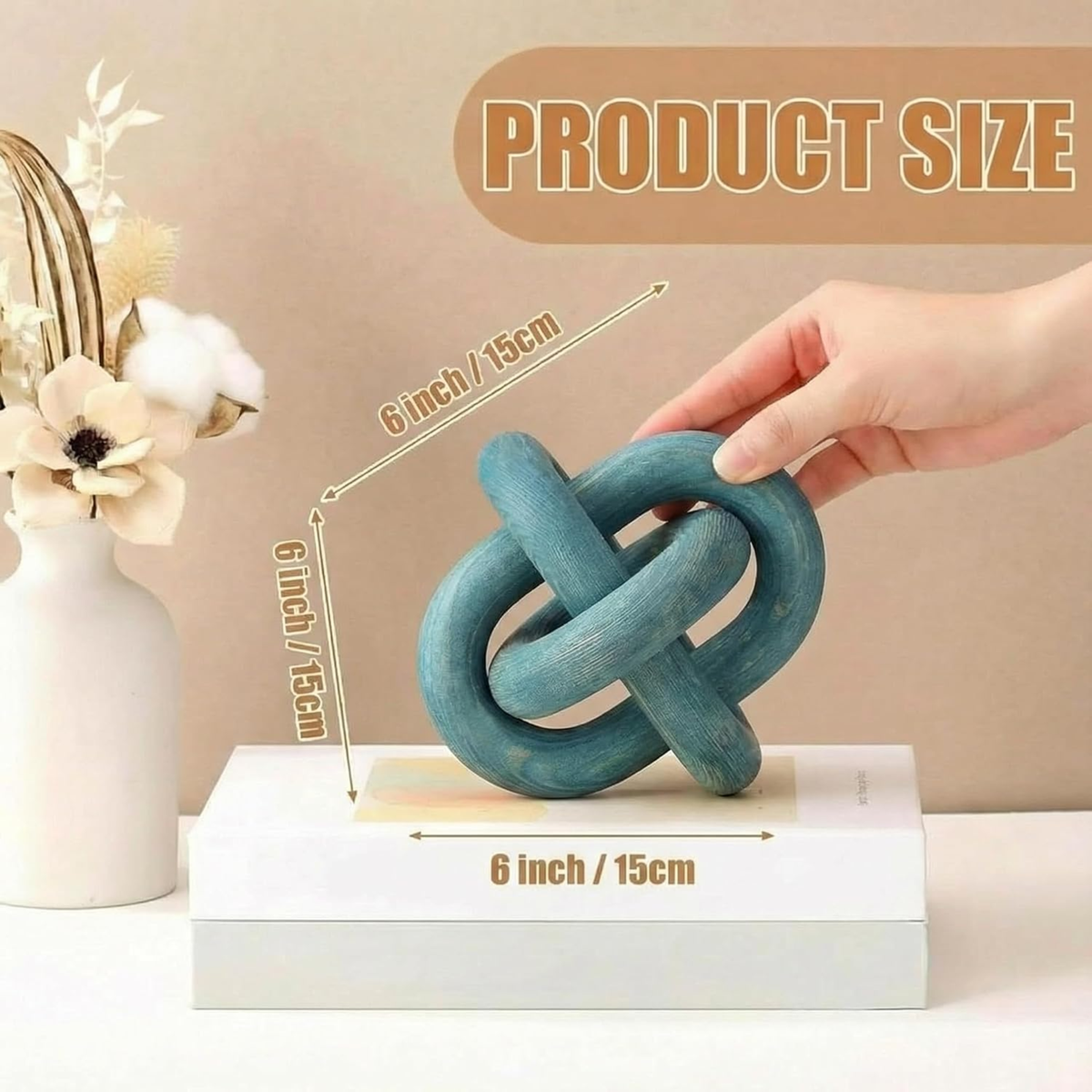 Wood Knot Decor Accent Sculpture – Handcrafted 3-Link Wooden Knot Tabletop Decor for Living Room, Shelf & Coffee Table | Teal Blue Rustic Boho Home Decor | Modern Farmhouse Accent Piece & Housewarming Gift