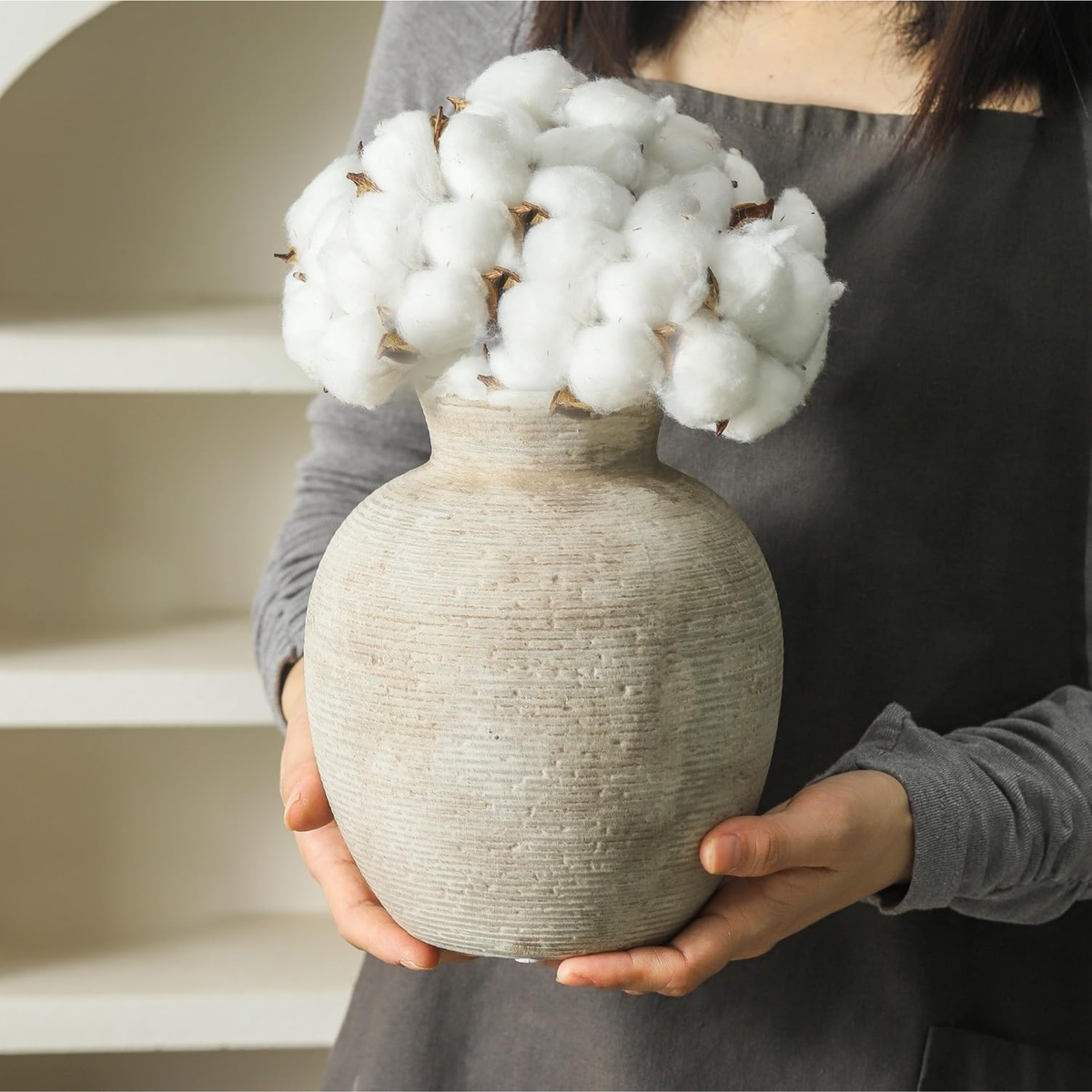 Rustic Terracotta Pot Vase – Distressed Ribbed Clay Pottery Vase for Dried Flowers, Pampas Grass & Faux Plants | Farmhouse & Boho Home Decor | Living Room, Table & Shelf Centerpiece