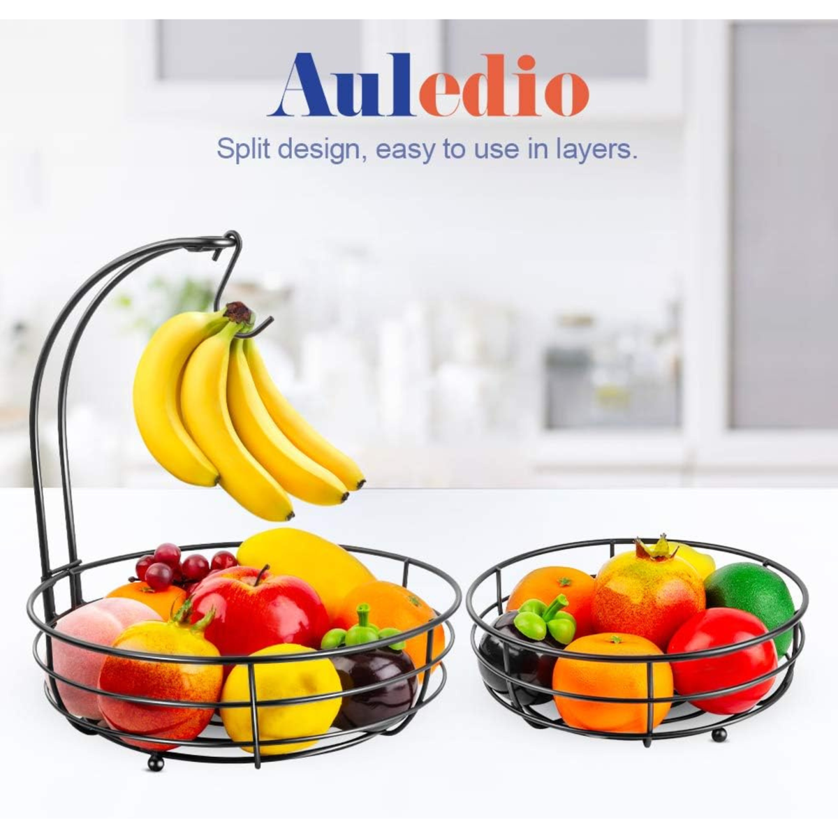 2-Tier Countertop Fruit Basket Bowl with Banana Hanger – Metal Wire Fruit Stand for Kitchen Counter & Dining Table | Black Fruit Bowl with Banana Hook | Modern Farmhouse Kitchen Organizer & Housewarming Gift