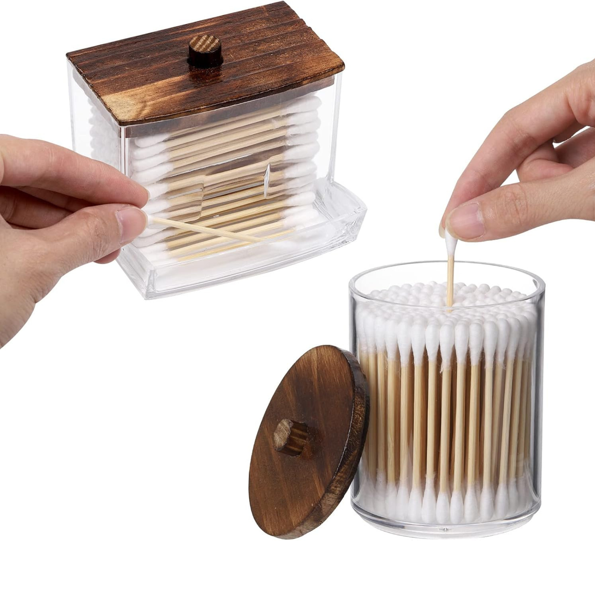 Acrylic Qtip Holder Bathroom Organizer Set of 3 – Clear Apothecary Jars with Rustic Wood Lids for Cotton Balls, Cotton Pads & Q-Tips | Farmhouse Bathroom Countertop Storage Canister Set