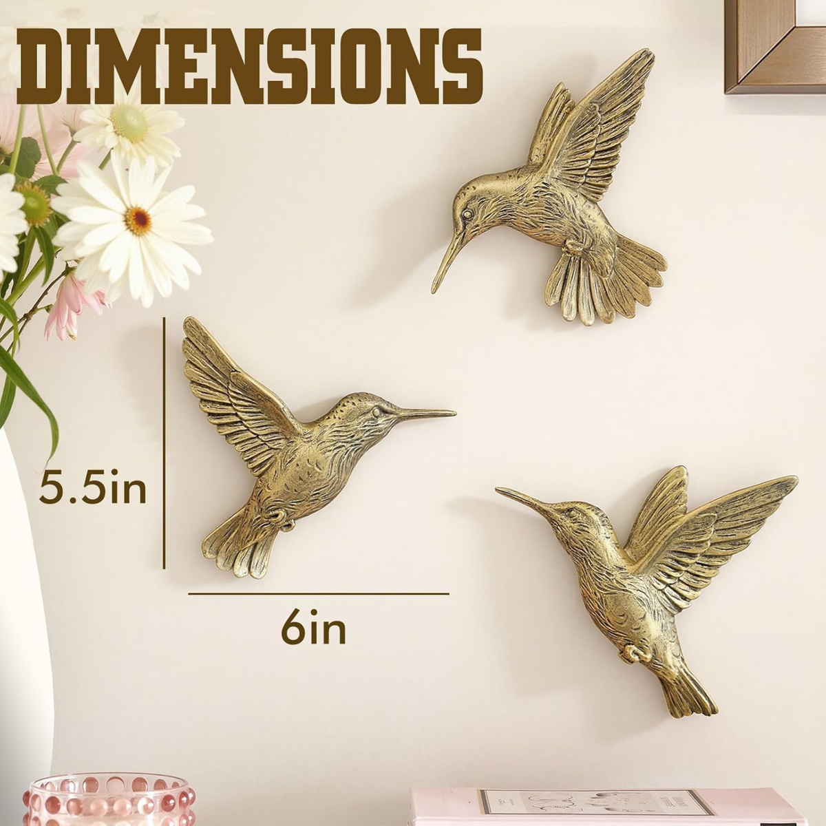 3D Gold Hummingbird Wall Decor Set of 3 – Metal Flying Bird Wall Art Sculptures for Living Room, Bedroom & Entryway | Antique Gold Finish | Boho Farmhouse & Modern Home Decor Gift
