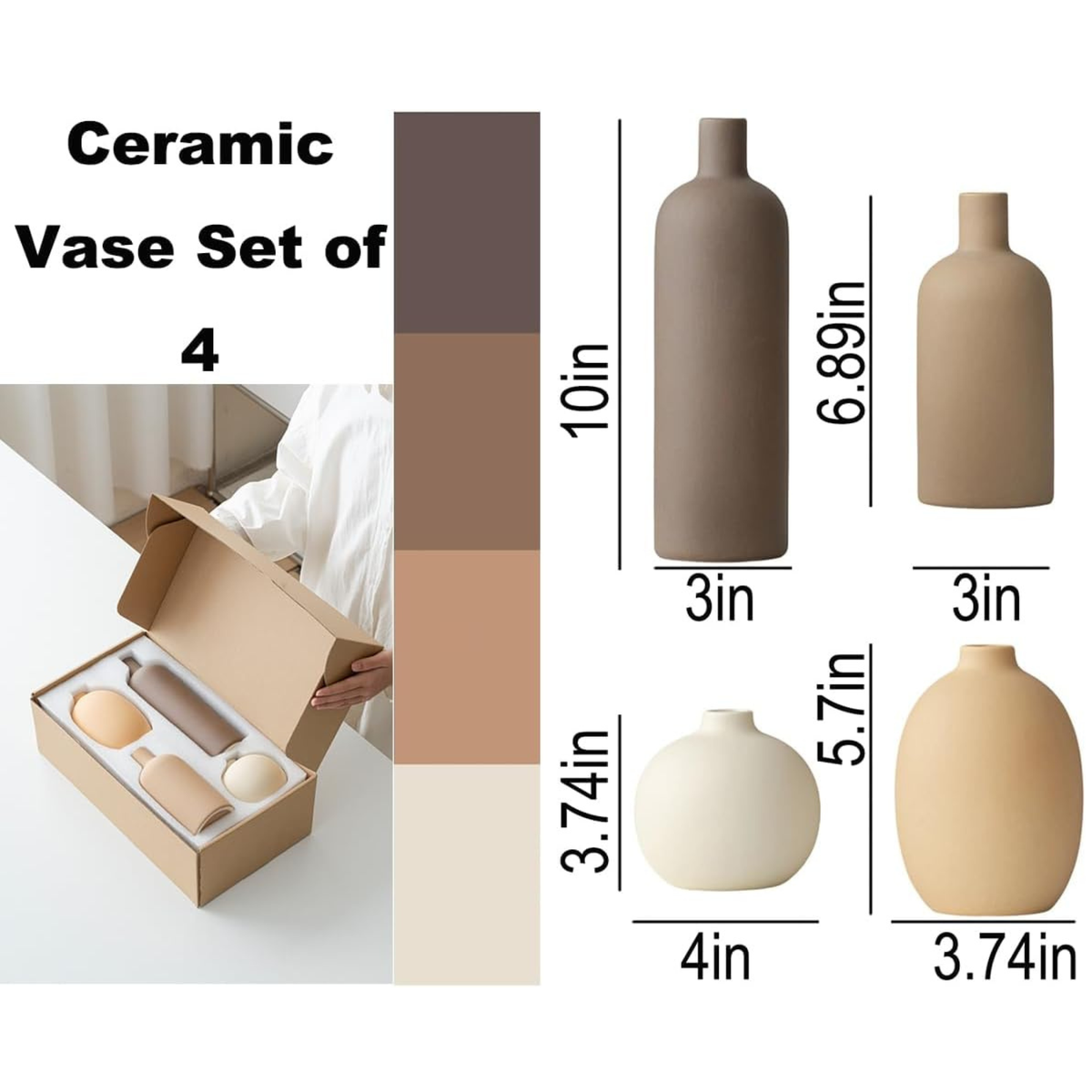 Minimalist Ceramic Vase Set of 4 – Matte Neutral Tones Boho Home Decor Vases for Living Room, Shelf & Table Centerpiece | Beige, Brown, Cream & Tan | Modern Farmhouse & Scandinavian Style