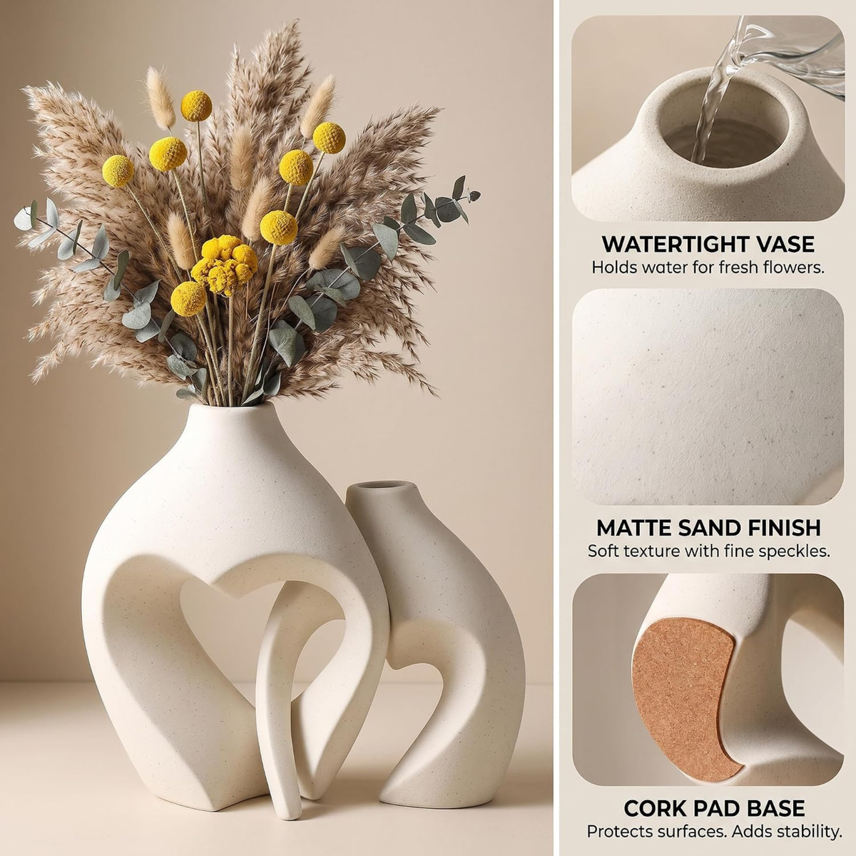 White Heart Shaped Ceramic Vase Set of 2 – Matte Boho Vases for Pampas Grass, Dried Flowers & Home Decor | Interlocking Heart Cutout Design | Wedding, Valentine & Housewarming Gift
