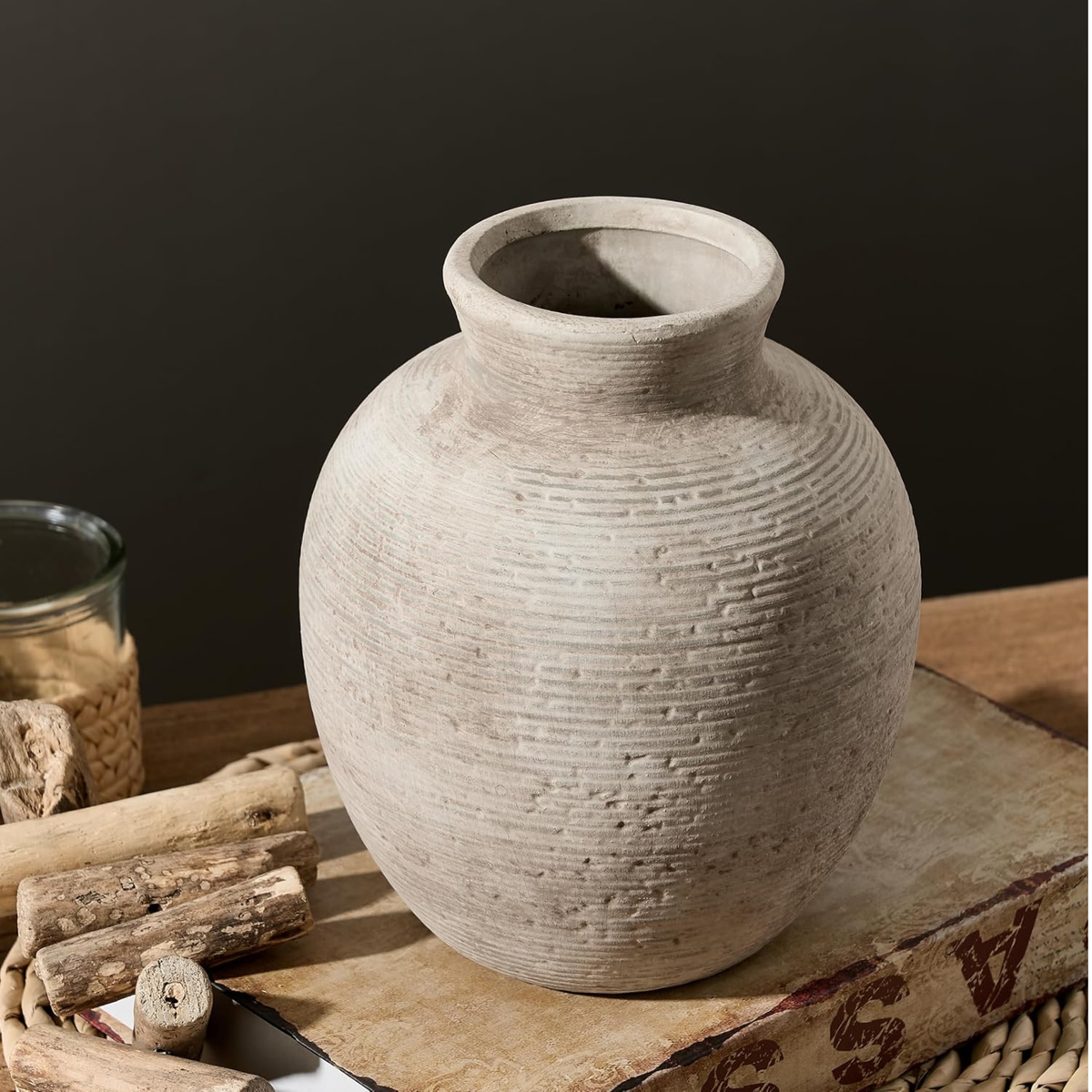 Rustic Terracotta Pot Vase – Distressed Ribbed Clay Pottery Vase for Dried Flowers, Pampas Grass & Faux Plants | Farmhouse & Boho Home Decor | Living Room, Table & Shelf Centerpiece