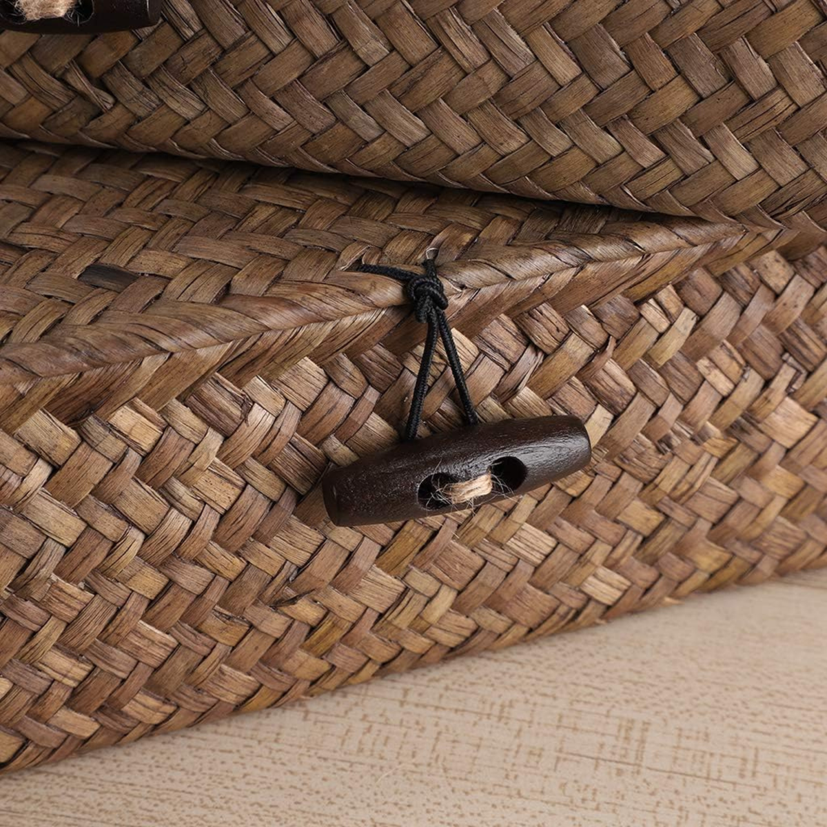 Flat Woven Wicker Storage Basket Set of 2 with Lid – Handwoven Seagrass Baskets with Toggle Closure for Home Organization, Shelf & Closet Storage | Natural Boho Farmhouse Decor