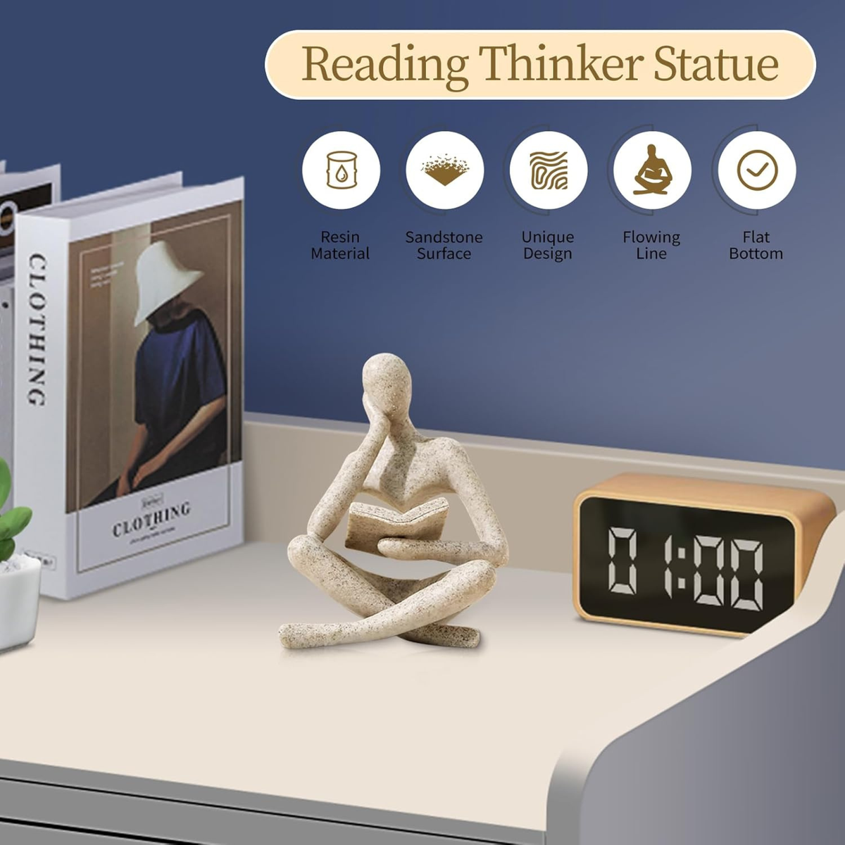 Abstract Thinker Reading Statue – Minimalist Resin Sculpture for Home Office Shelf & Desk Decor | Sandy Beige Figurine | Modern Boho Art Piece | Housewarming & Book Lover Gift